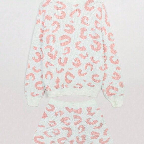 Pink Casual Womens Leopard Print Drop Shoulder Sweater & Drawstring Waist Shorts - Picture 2 of 5